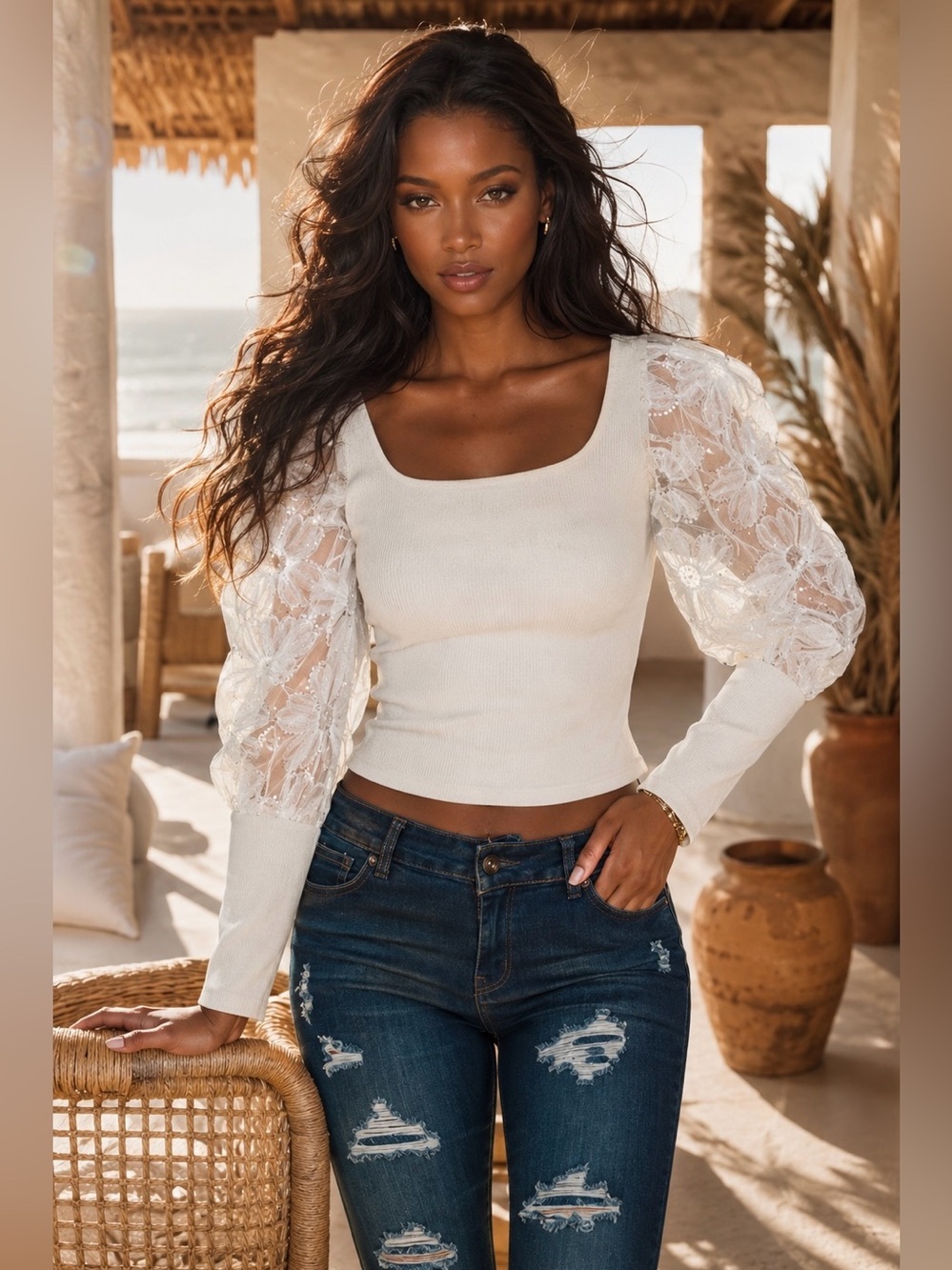 Ivory Square Neck Puff Sleeve Lace Top